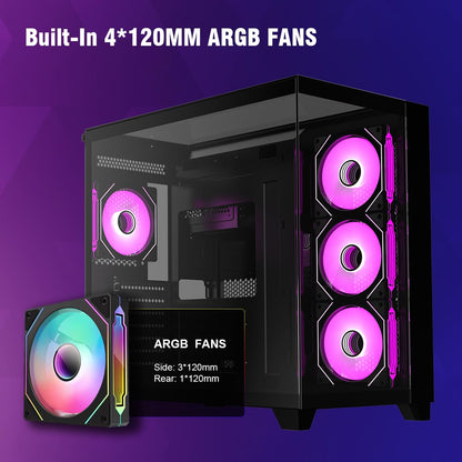 RUIX OV403 ATX Mid-Tower PC Case, Pre-Installed 4 x 120mm Prism ARGB PWM Fans and Graphics Card Holder, Three-Sided Tempered Glass Panels, USB 3.0 & Type-C Ports, Gaming Computer Case - Black
