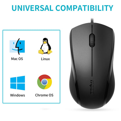 Rapoo Silent Wired Mouse, 1000 DPI, 1,5 m Kabel, leise Tasten, optische Computermaus, für Links- und Rechtshänder, für Laptops, Chromebooks, Macs und Notebooks, Mattschwarz