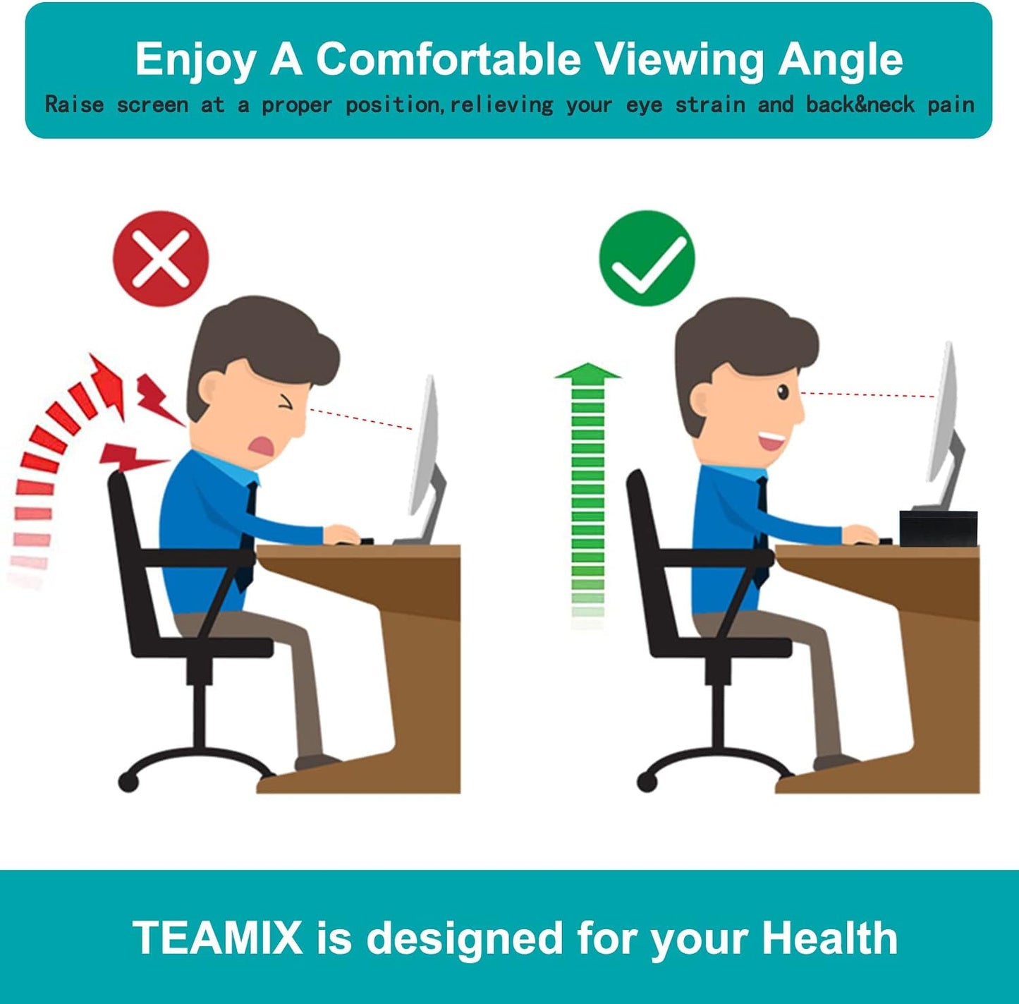 TEAMIX 20 Inch Monitor Stand Riser, Black Desktop Stand for PC/TV/Laptop/Printer, Wood Monitor Riser with Storage, Computer Stand Keyboard Organizer