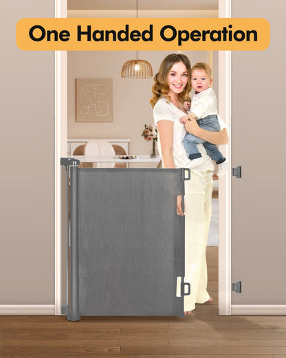 Retractable Baby Gate for Stairs & Doorways, 55" Wide x 33.6" Tall Easy Installation Mesh Dog Gate for Indoor & Outdoor Use,Pet and Dog Safety Gate for Hallways(Grey)