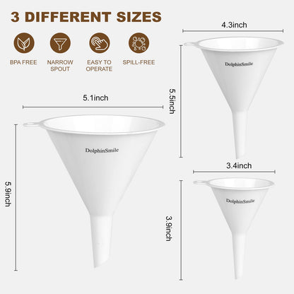 Plastic Kitchen Funnel Set of 3, Round Kitchen Funnels for Filling Bottles, Durable and Multifunctional Funnels for Filling Canning, Cooking, Lab or Car Oil (White)