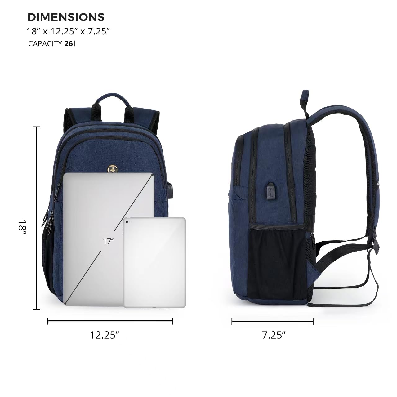 Swissdigital Design College 17-Zoll-Laptop-Rucksack, schlanker Business-Reise-Laptop-Rucksack mit USB-Ladeanschluss für Damen- und Herren-Laptops, Dunkelblau (BIBERSTEIN SD1636-12)