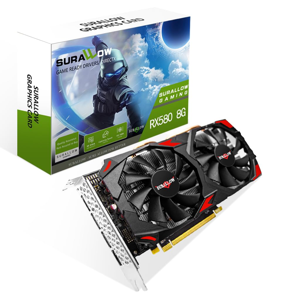 SURALLOW RX 580 8GB Grafikkarte, 2048SP, GDDR5, 256 Bit Grafikkarte für Gaming-PC, PCIE 3.0, Twin Freeze Lüfter Computer-Grafikkarte mit HDMI/DP/Anschlüssen