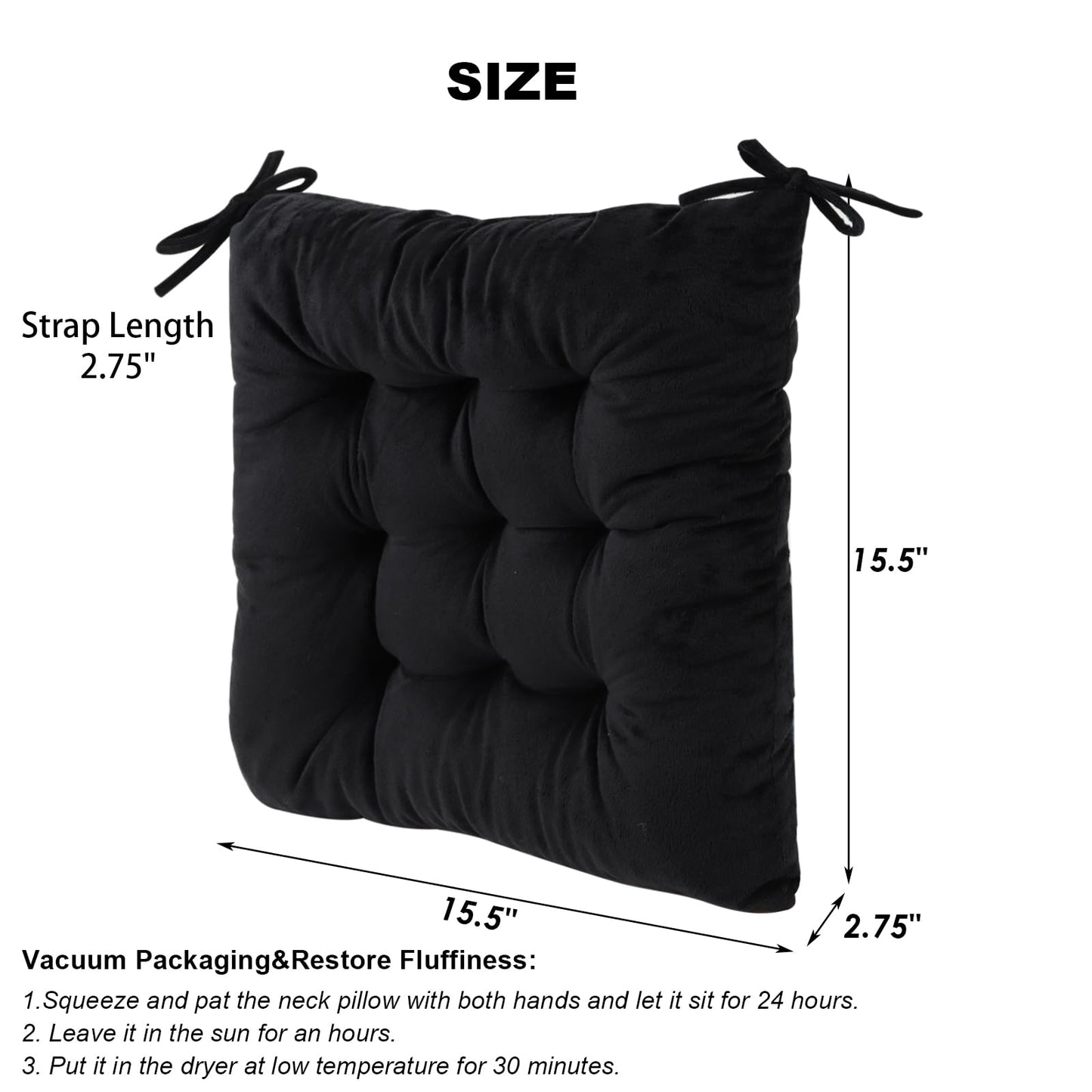 MissSoul Set of 2 Chair Cushions for Dining Chairs with Ties, Indoor Non-Slip Kitchen Chair Pad and Dining Room Seat Cushion Mat for Office Living Room Outdoor 15.5" - Black