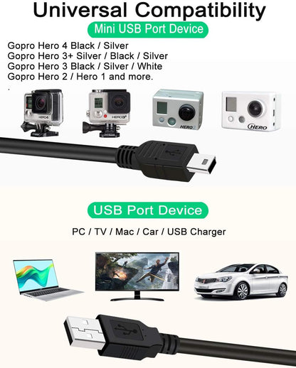 Mini-USB-Kabel für GoPro Hero 4, 3, 2, 30-90 cm (1-3 Fuß) zum Datensynchronisieren und Laden der Kamera, USB-A-auf-Mini-B-Schnellladekabel für GoPro Hero 3+ (Silber, Schwarz, Weiß)