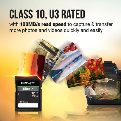 PNY 128GB Elite-X Class 10 U3 V30 SDXC Flash Memory Card - 100MB/s, Class 10, U3, V30, 4K UHD, Full HD, UHS-I, Full Size SD (Pack of 2)