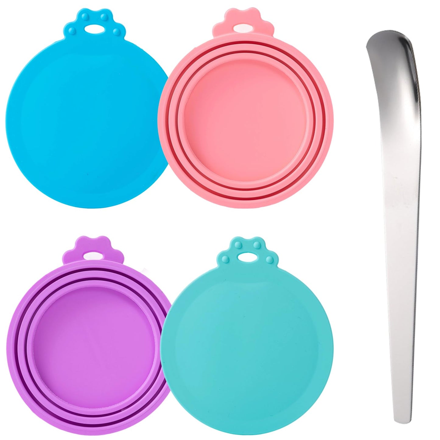 SLSON Pet Food Can Cover Universal Silicone Cat Dog Canned Food Lids with Spoon 1 Fit 3 Standard Size Can Tops (4)