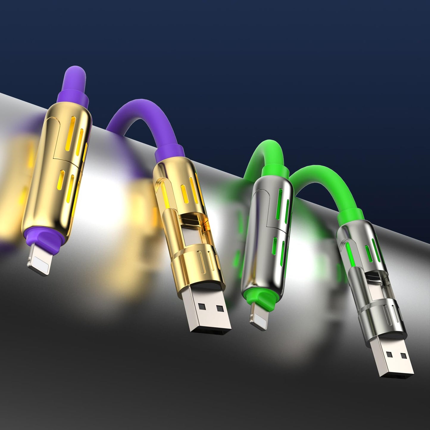 MFish 240W 4-in-1 Universal USB Charging Cable [2 Pack, 6.6ft] - Fast Charger Cord with USB-A, Dual USB-C & Lighting, for iPhone 14/15/16/17 Series, iPad & MacBook & More (2PACK, Purple+Green, 6.6Ft)