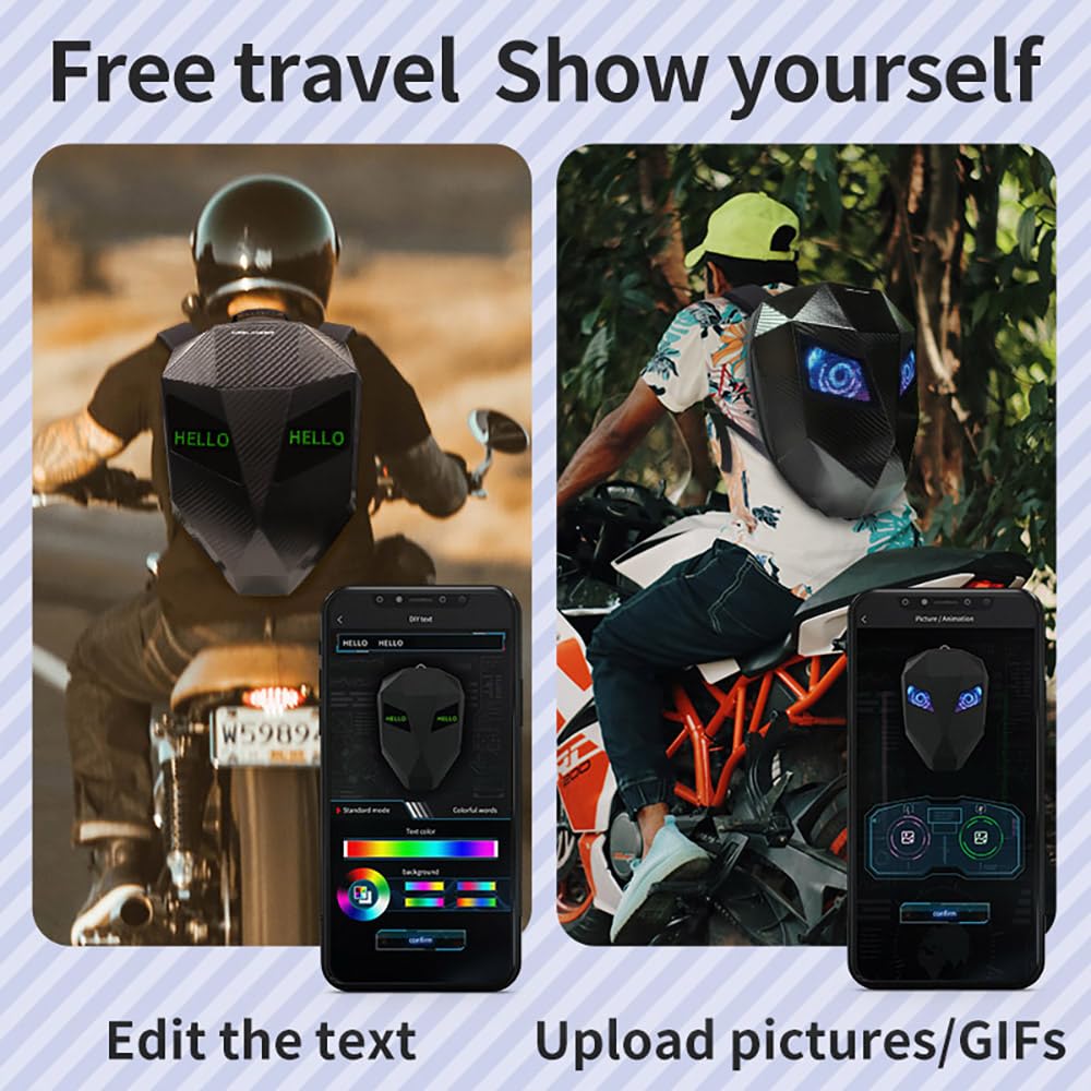 Crelander LED Knight Rucksack, 19-Zoll-Motorradrucksack mit App-Steuerung, programmierbarem Vollfarbdisplay, wasserdicht, großes Fassungsvermögen, Hartschalen-Helmtasche, DIY-Pixel-Art-Animations-Laptop-Tagesrucksack 