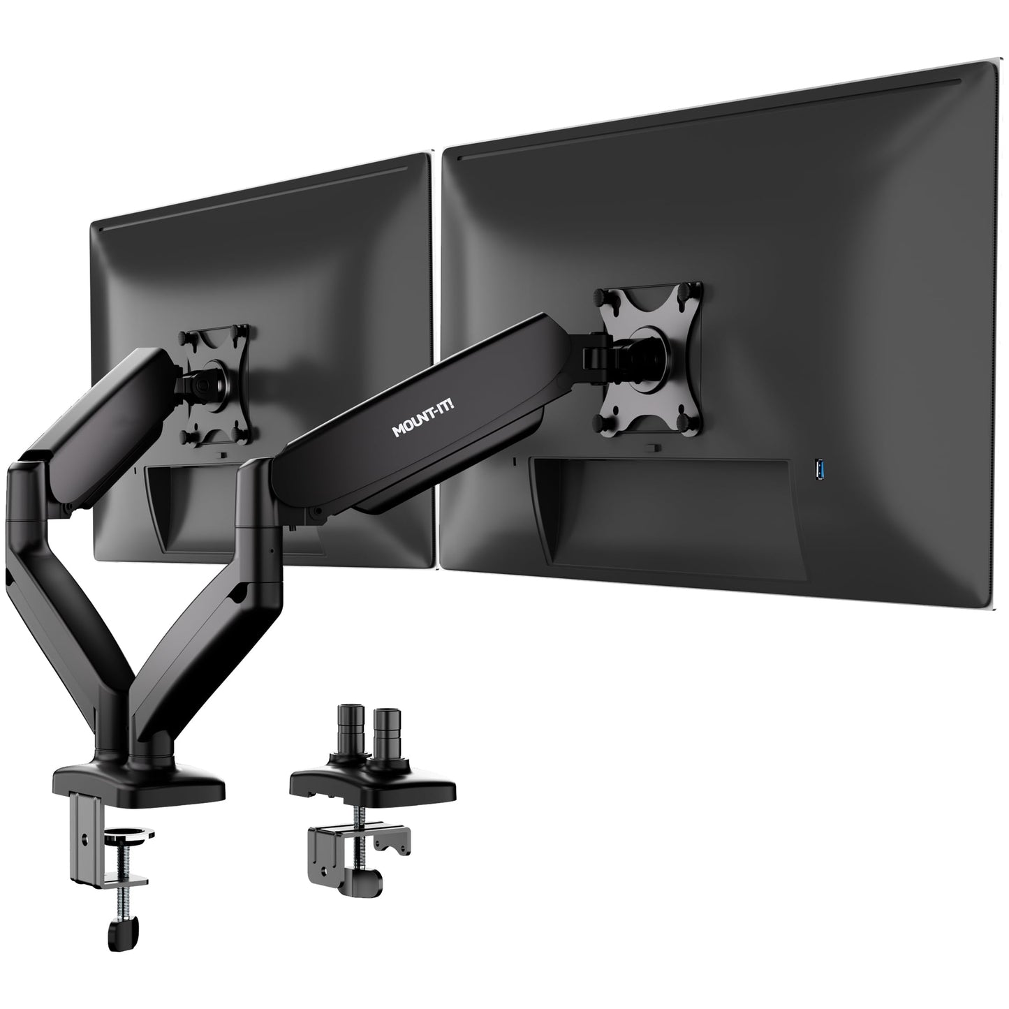 Mount-It! Dual Monitor Desk Mount - Full Motion Gas Spring Arms, Fits 13 to 32 Inch Screens, Holds 17.6 lbs per Arm, Dual Monitor Stand, VESA Mount, C-Clamp & Grommet Base