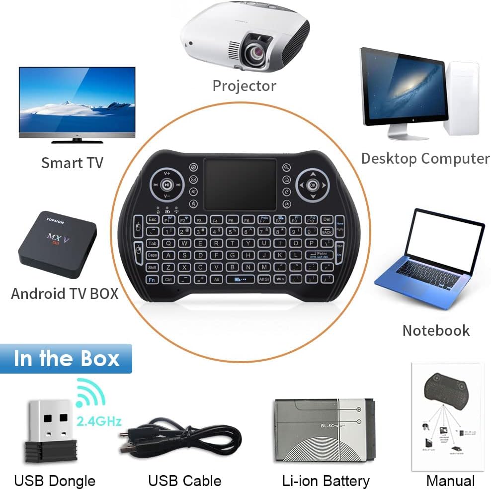 BL Mini-Funktastatur-Fernbedienung mit Touchpad und Maus-Kombination, hintergrundbeleuchtete 2,4-GHz-Mini-Tastatur, kabelloser USB-Dongle, wiederaufladbarer Li-Ionen-Akku für Android TV Box, Smart TV, PC, PS3, Windows, MacOS, Xbox 