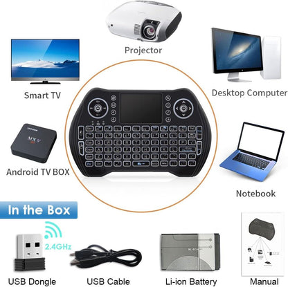 BL Mini-Funktastatur-Fernbedienung mit Touchpad und Maus-Kombination, hintergrundbeleuchtete 2,4-GHz-Mini-Tastatur, kabelloser USB-Dongle, wiederaufladbarer Li-Ionen-Akku für Android TV Box, Smart TV, PC, PS3, Windows, MacOS, Xbox 