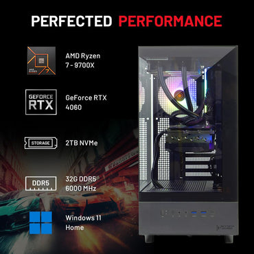 Skytech Gaming Azure 3 Desktop PC, Ryzen 7 9700X 3.8 GHz (5.5GHz), NVIDIA RTX 4060 8GB, 2TB NVMe SSD, 32GB DDR5 RAM 6000 RGB, 650W Gold PSU, 360mm ARGB AIO, Wi-Fi, Win 11