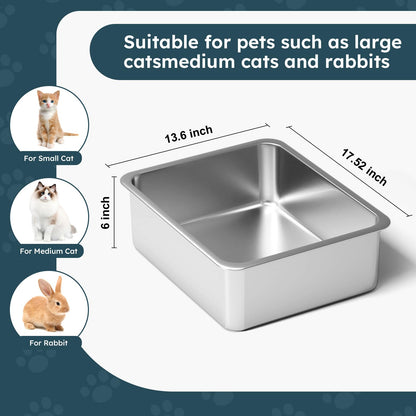 Stainless Steel Cat Litter Box - Metal High-Sided Litter Pan for Cats, Rabbits, and Pets, Non-Stick, Odor-Free, Easy to Clean, Splash-Proof, Sturdy and Durable Indoor Cat Toilet Supplies