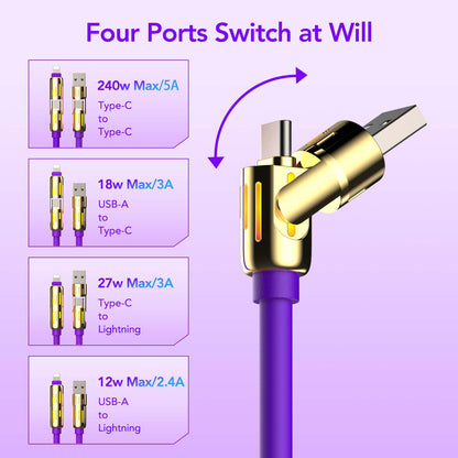 MFish 240W 4-in-1 Universal USB Charging Cable [2 Pack, 6.6ft] - Fast Charger Cord with USB-A, Dual USB-C & Lighting, for iPhone 14/15/16/17 Series, iPad & MacBook & More (2PACK, Purple+Green, 6.6Ft)