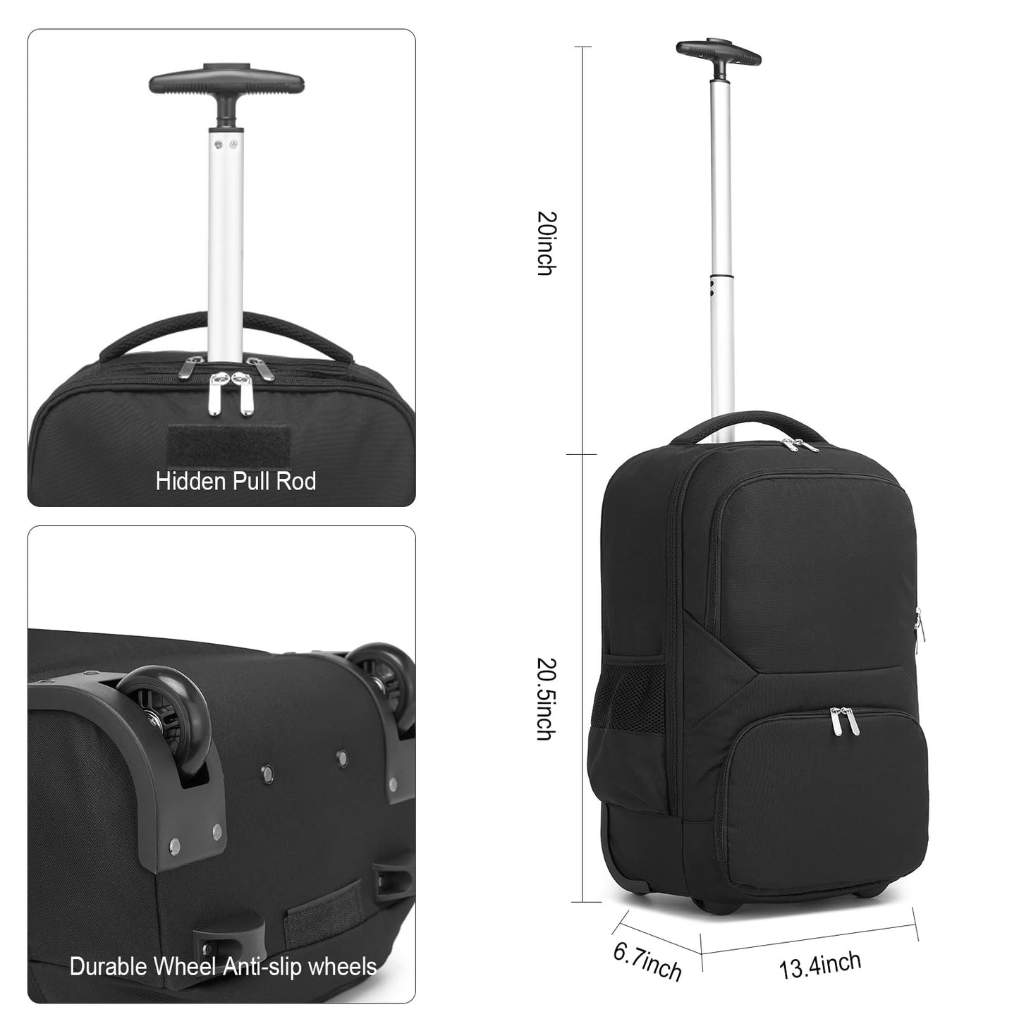 seyfocnia Rollrucksack, Reisetasche mit Schuhfach, Rollrucksack, Business-Rucksack mit Rollen, Handgepäck-Rucksack mit Rollen für Damen und Herren – Schwarz