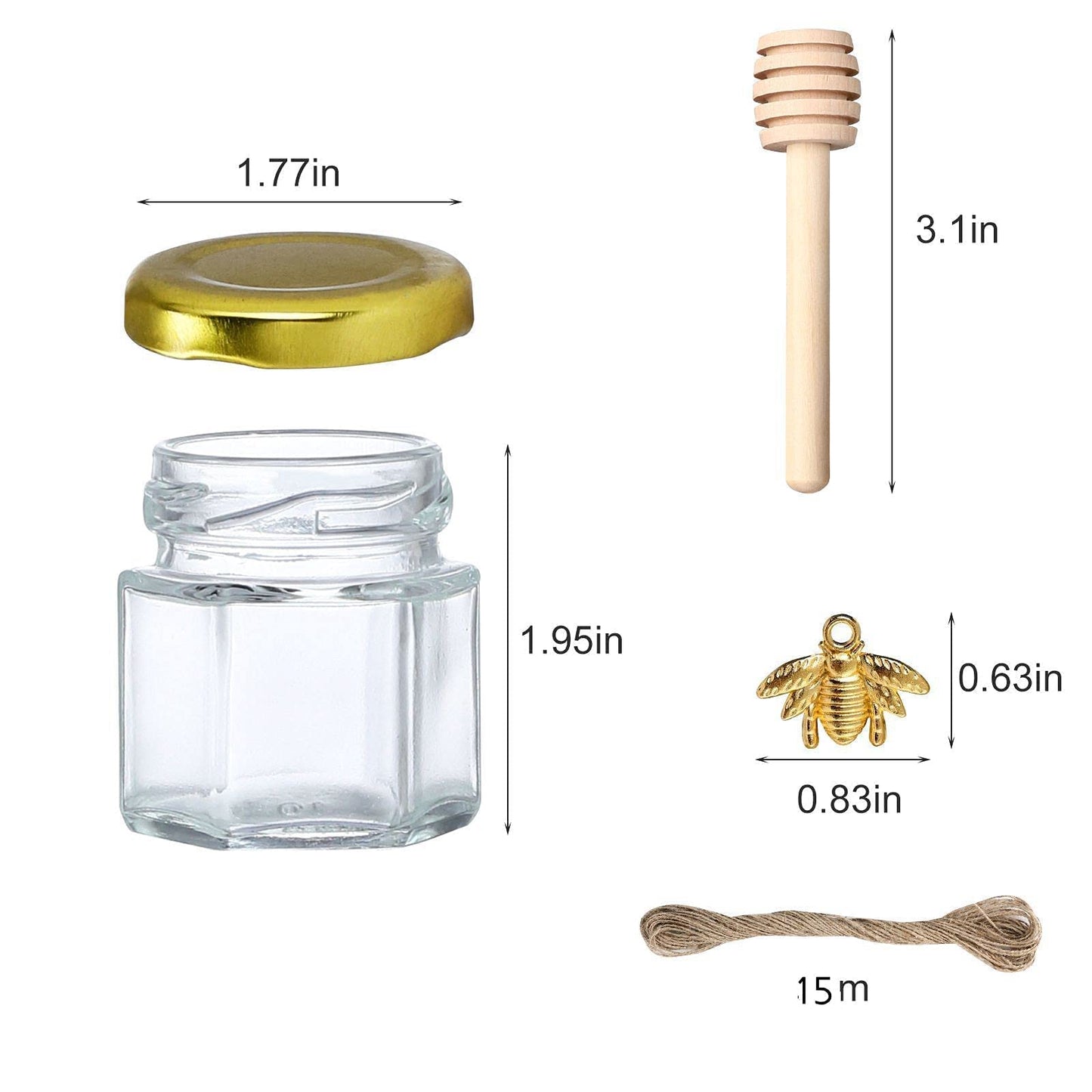 XING-RUIYANG 1.5 oz Hexagon Mini Glass Honey Jars -30Pack Honey Jars with Wood Dipper, Gold Lid, Bee Pendants, Jutes - Perfect for Baby Shower, Wedding Favors, Party Favors