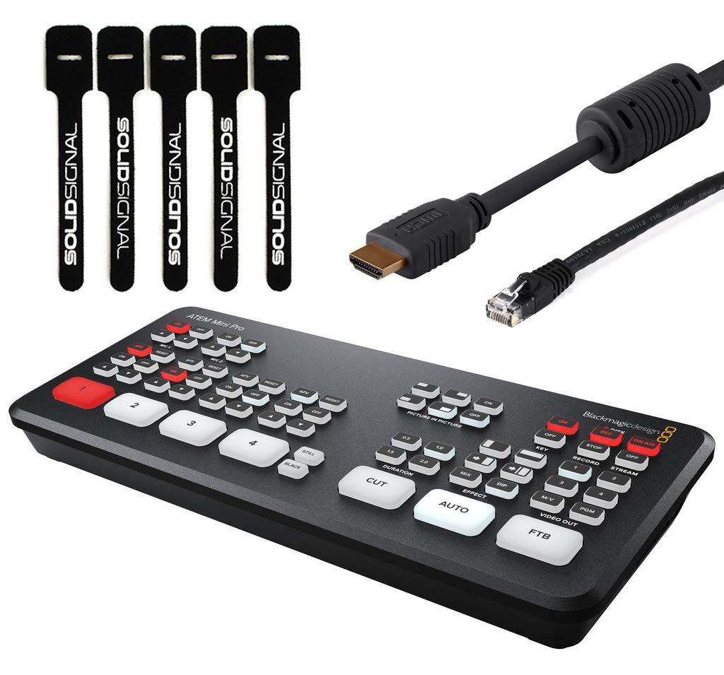 Blackmagic Design ATEM Mini Pro ISO HDMI Live Stream Switcher Bundle with 6’ HDMI Cable, 7’ Cat5e Cable, and 5-Pack of SolidSignal Cable Ties (SWATEMMINIBPRISO)