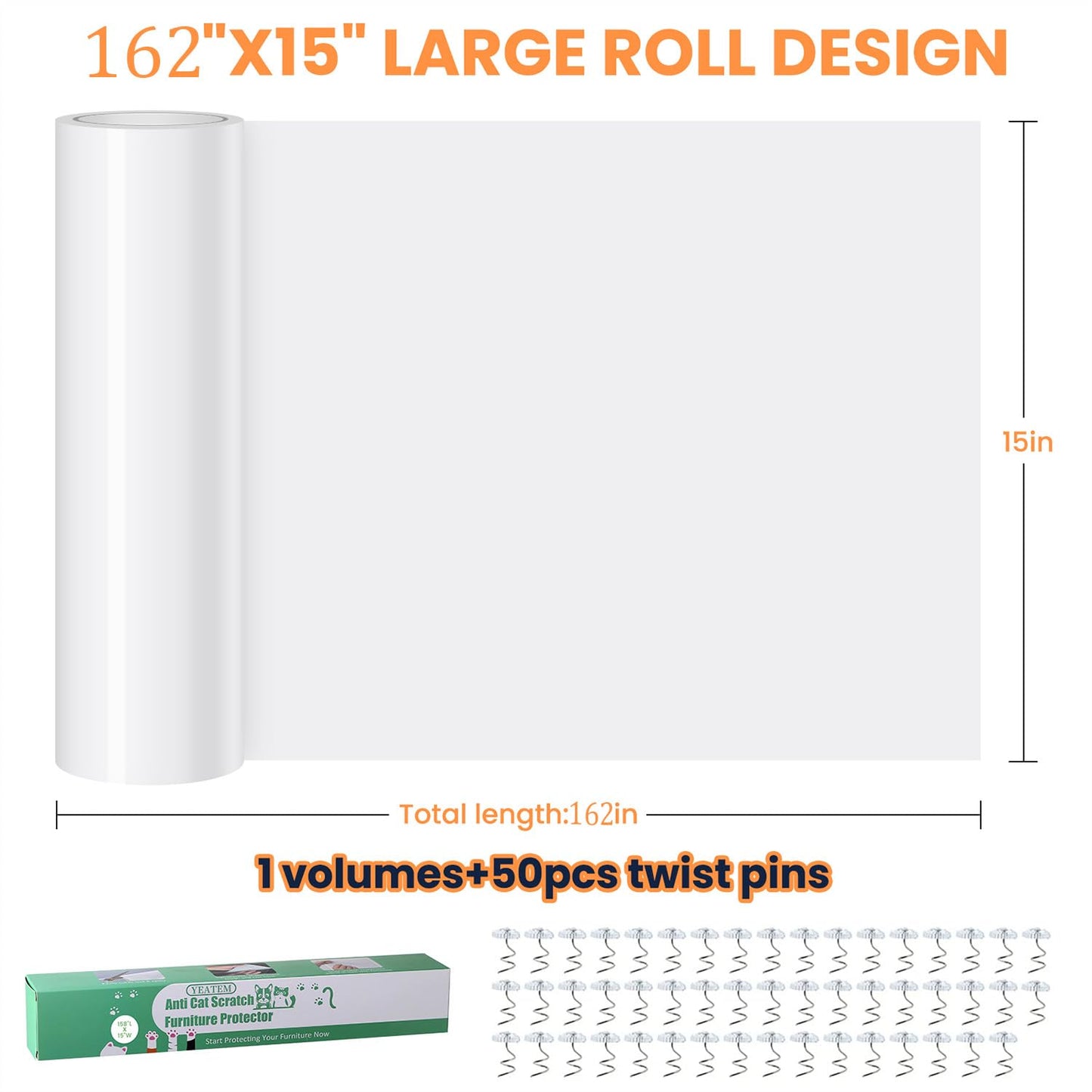 [Thicken Vinyl] Cat Scratch Furniture Protector, 162"x15" Couch Protector from Cat Claws, Single-Sided Sticky Anti Scratch Furniture Protector,Extended Size Protects More Furniture+50 Fixing