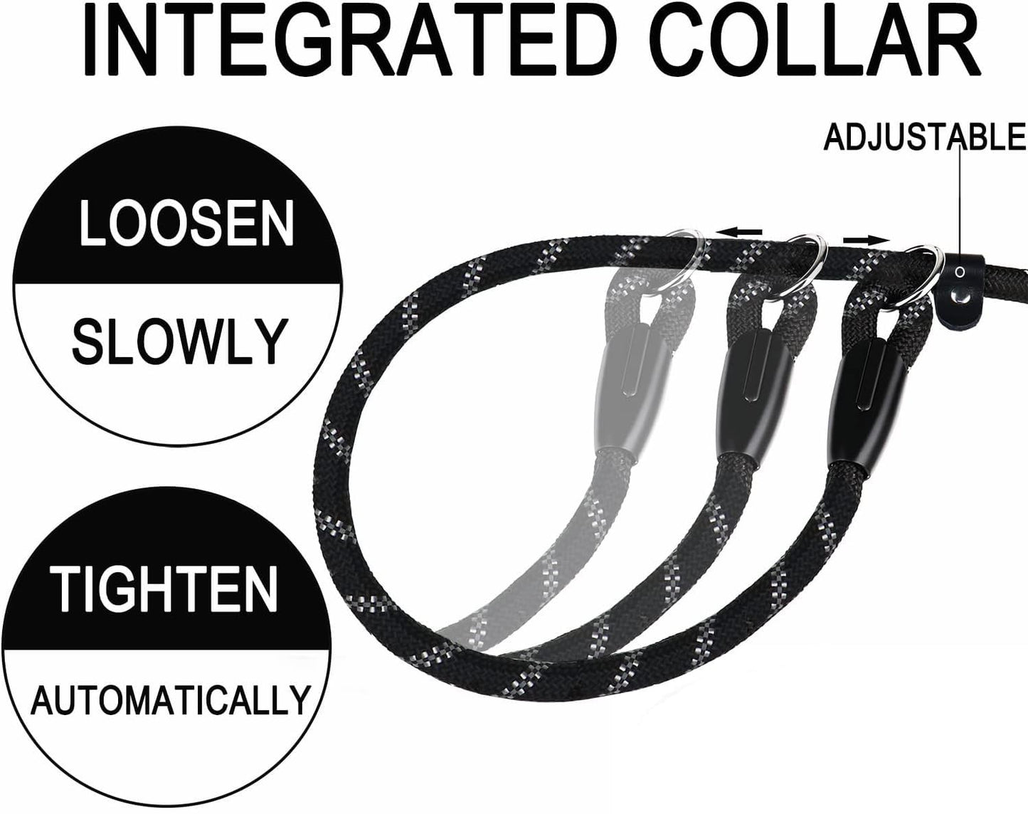 Hundeleine, 1,8 m lange, robuste Hundeleine, strapazierfähige Premium-Qualität, starke Seil-Schlupfleine mit komfortablem, gepolstertem Griff und hochreflektierenden Fäden für kleine, mittlere und große Hunde, (Schwarz) 
