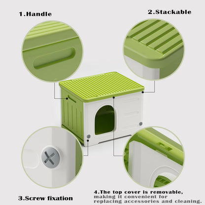 Plastic Cat House for Outdoor Indoor Use, Stackable Feral Cat Shelter Indoor Cat House Weatherproof Waterproof Elevated (Green)