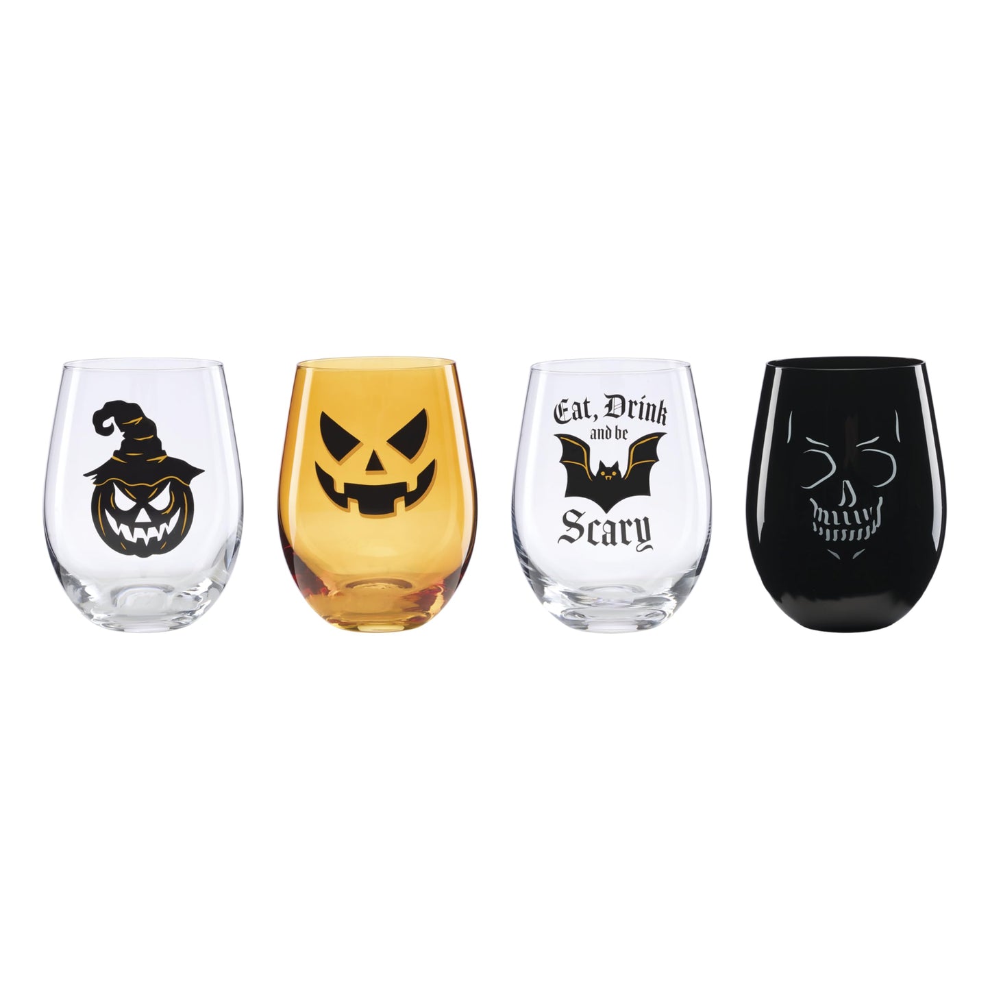 Oneida Barware, Vintro Halloween Stemless Wine Glasses, Set of 4, Dishwasher Safe, Made of Glass, Spooky Drinking Glasses Set, Halloween Decor Indoor, Skeletons and Bats as Design (4 Piece, 18 Oz)
