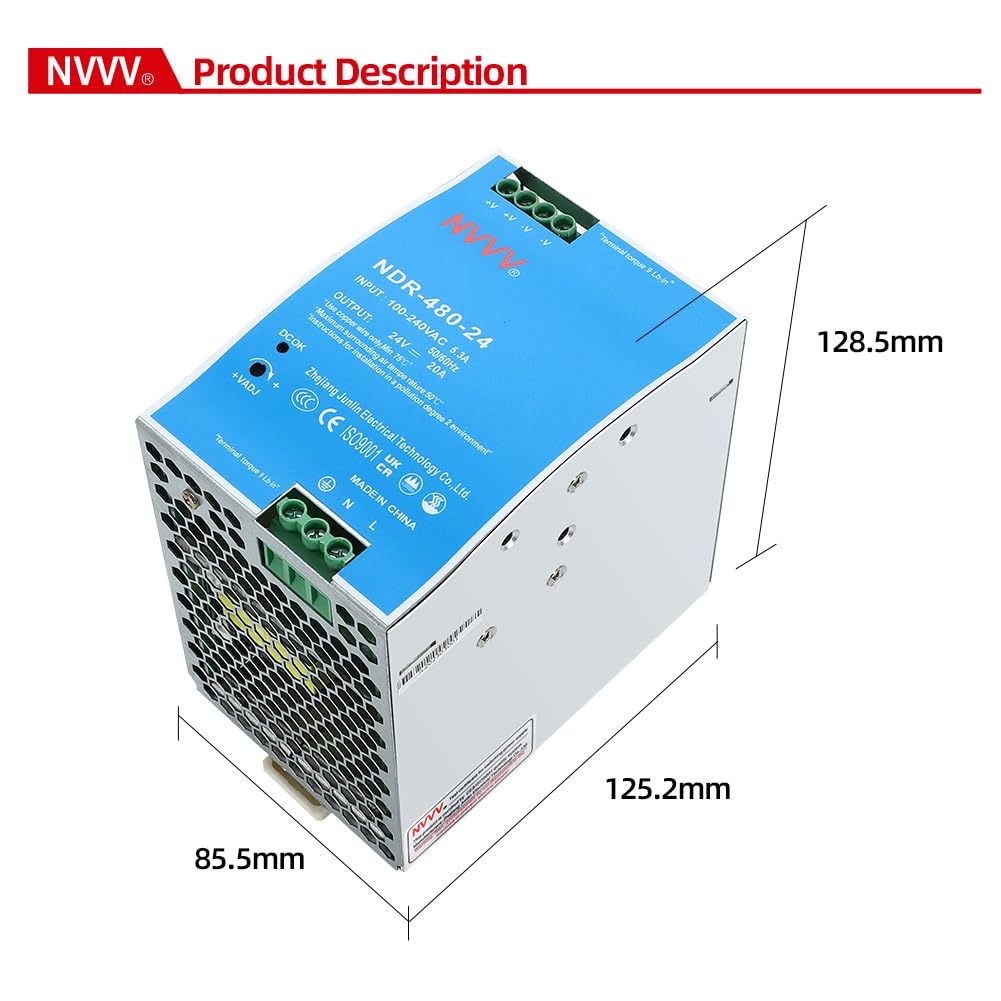 NDR-480-24 24VDC 20 Amp 480W Industrial DIN Rail Power Supply Built-in Active PFC Function Silver+Blue
