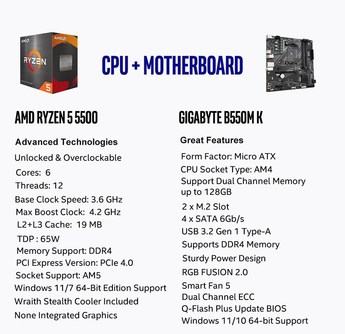Micro Center AMD Ryzen 5 5500 Desktop Processor with GIGABYTE B550M K Motherboard (Micro-ATX, DDR4, Dual M.2, SATA 6Gb/s, PCIe 4.0)