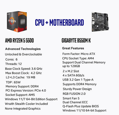 Micro Center AMD Ryzen 5 5500 Desktop Processor with GIGABYTE B550M K Motherboard (Micro-ATX, DDR4, Dual M.2, SATA 6Gb/s, PCIe 4.0)