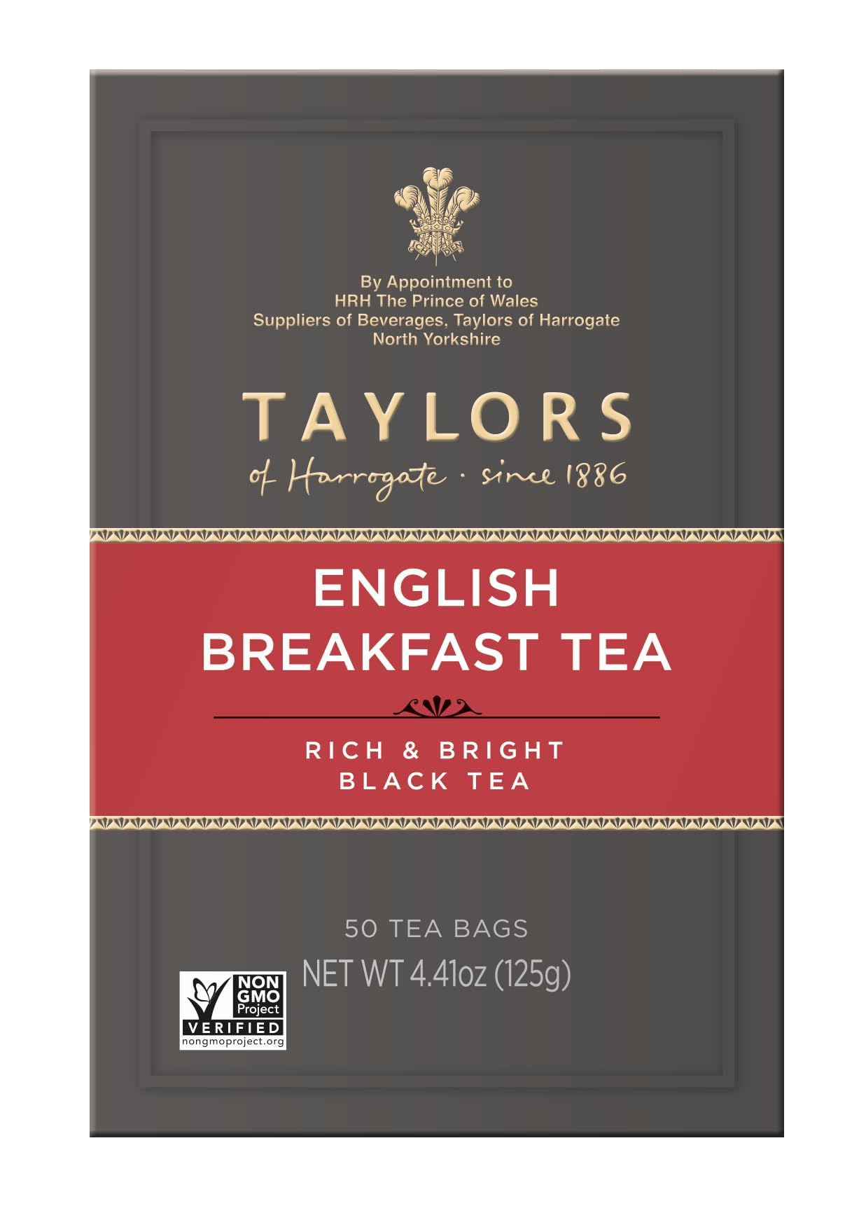 Taylors of Harrogate English Breakfast, Schwarzer Tee, Kissen-Teebeutel, 50 Stück (1 Packung), Kräftig, spritzig &amp; malzig, koffeinhaltig, heiß oder eisgekühlt genießen, 50 Teebeutel