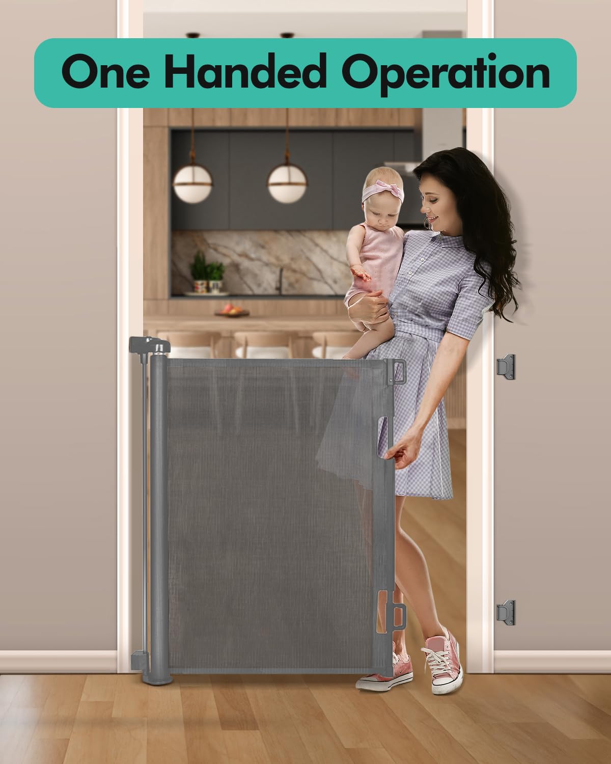 Retractable Baby Gates, Mesh Dog Gate for Doorways, 33.6" Tall, Expands to 55" Wide,Pet Safety Essential Fit for Baseboards, Wide Toddlers Gates for Hallways, Indoor & Outdoor,Grey