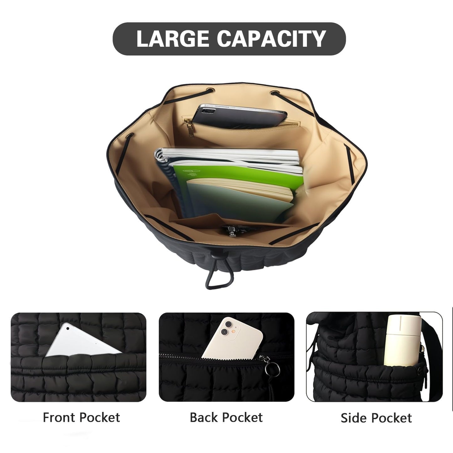 RCRZQ Black Puffer Backpack for Women, Lightweight Drawstring Closure Quilted Laptop Daypack Stylish Anti-Theft Travel Bag