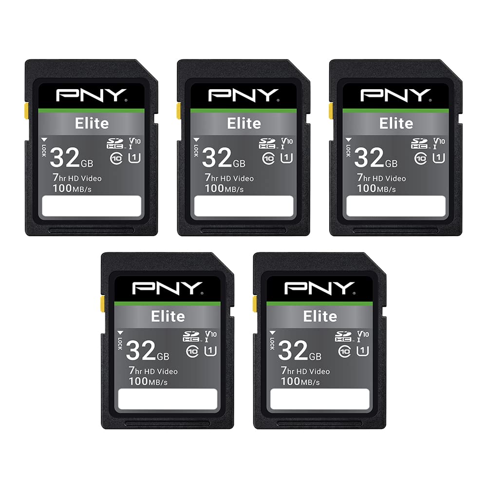 PNY 32GB Elite Class 10 U1 V10 SDHC Flash Memory Card - 100MB/s Read, Class 10, U1 Full HD, UHS-I, Full Size SD (Pack of 5)