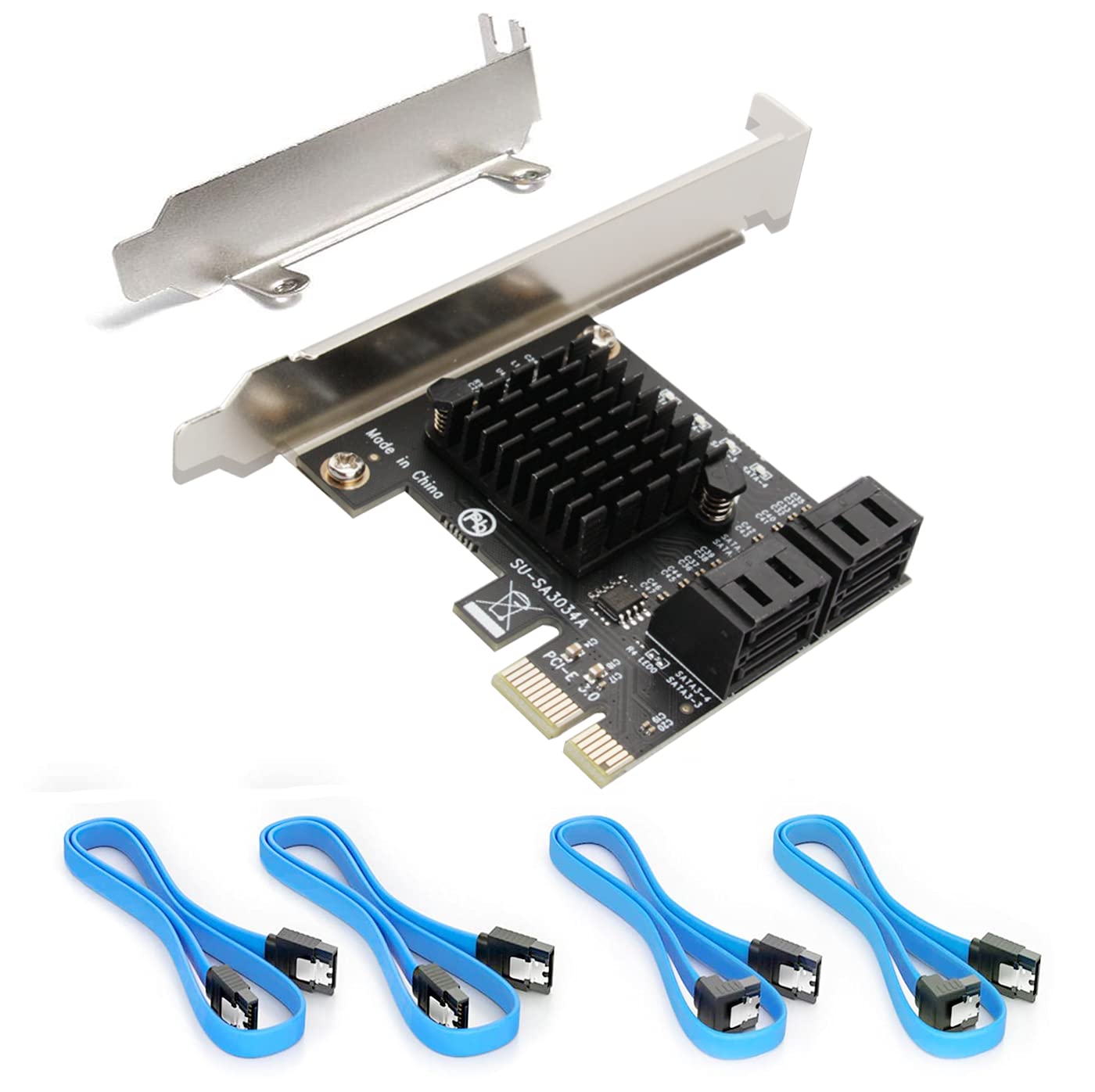 SATA-Karte PCIE 3.0, 4 Ports mit 4 Kabeln, Controller-Erweiterungskarte mit Low-Profile-Blende, Nicht-RAID, Booten als Systemfestplatte, Unterstützt 4 SATA 3.0-Geräte
