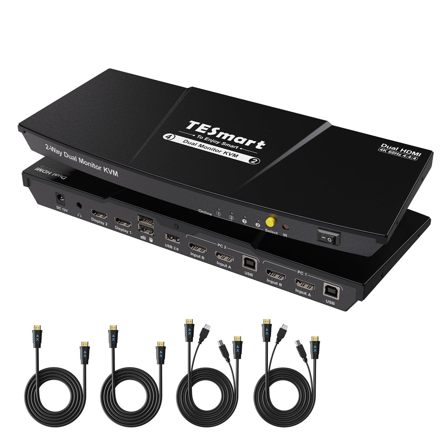 TESmart HDMI KVM Switch 2 Monitors 2 Computers 4K@60Hz, USB 2.0, Dual Monitor KVM Switch HDMI 2 Port Extended Display, EDID emulators, L/R Audio, Hotkey Switch, Button Switch with Input Cables