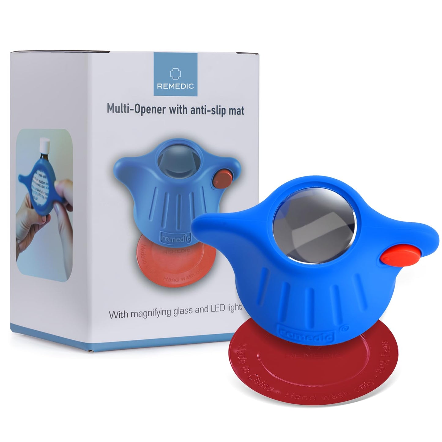 Remedic Medicine Bottle Opener with Magnifier & LED Light - Easy Grip Aid for Weak Hands - Non-Slip Mat for One-Handed Use - Arthritis-Friendly Multi-Opener - Senior Care Tools