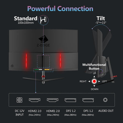 Z-Edge 32-Zoll-Curved-Gaming-Monitor, FHD 1080P 240Hz Curved-Monitor, 1500R Computermonitor, MPRT 1ms Monitor, UG32P 2x DP 1.4 Anschlüsse und 2x HDMI 2.0 Anschlüsse 