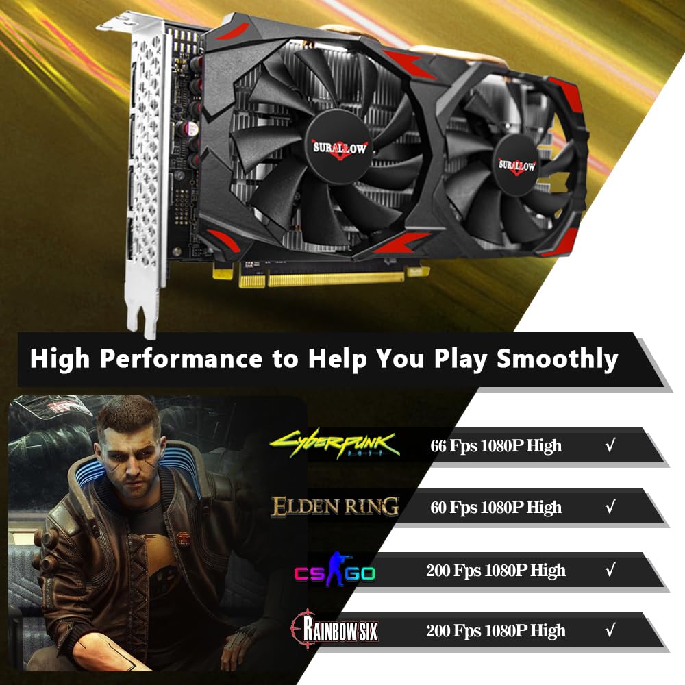 SURALLOW RX 580 8GB Grafikkarte, 2048SP, GDDR5, 256 Bit Grafikkarte für Gaming-PC, PCIE 3.0, Twin Freeze Lüfter Computer-Grafikkarte mit HDMI/DP/Anschlüssen