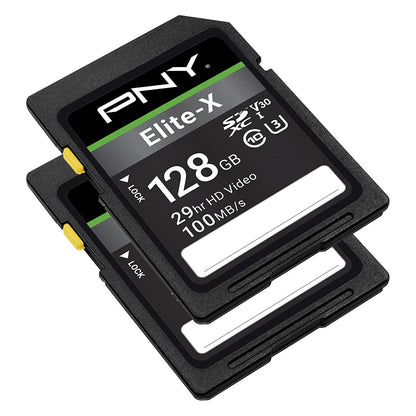 PNY 128GB Elite-X Class 10 U3 V30 SDXC Flash Memory Card - 100MB/s, Class 10, U3, V30, 4K UHD, Full HD, UHS-I, Full Size SD (Pack of 2)