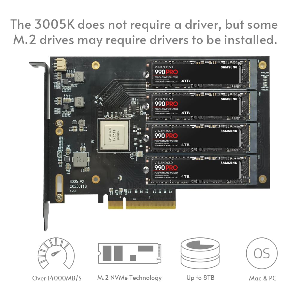 Quad PCIe4.0 NVMe M.2 SSD-Adapterkarte – PCI Express 4.0 x8-Karte unterstützt 4x M.2 NGFF PCIe NVMe SSDs für Mac &amp; PC (IX8024-Switch) – Unterstützt Mainboards ohne Bifurkation (3005K)