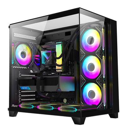 RUIX OV403 ATX Mid-Tower PC Case, Pre-Installed 4 x 120mm Prism ARGB PWM Fans and Graphics Card Holder, Three-Sided Tempered Glass Panels, USB 3.0 & Type-C Ports, Gaming Computer Case - Black