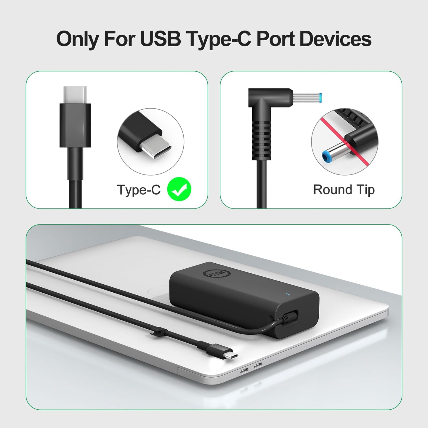 65W/45W Dell Laptop-Ladegerät USB-C für Latitude 5420, 5520, 5320, 5430, 5290, 7410, 7420, XPS 13, 9250, 9360, 9365, 9370, 9380, 9350, 9550, Chromebook 5190 (Netzteil Typ C) 