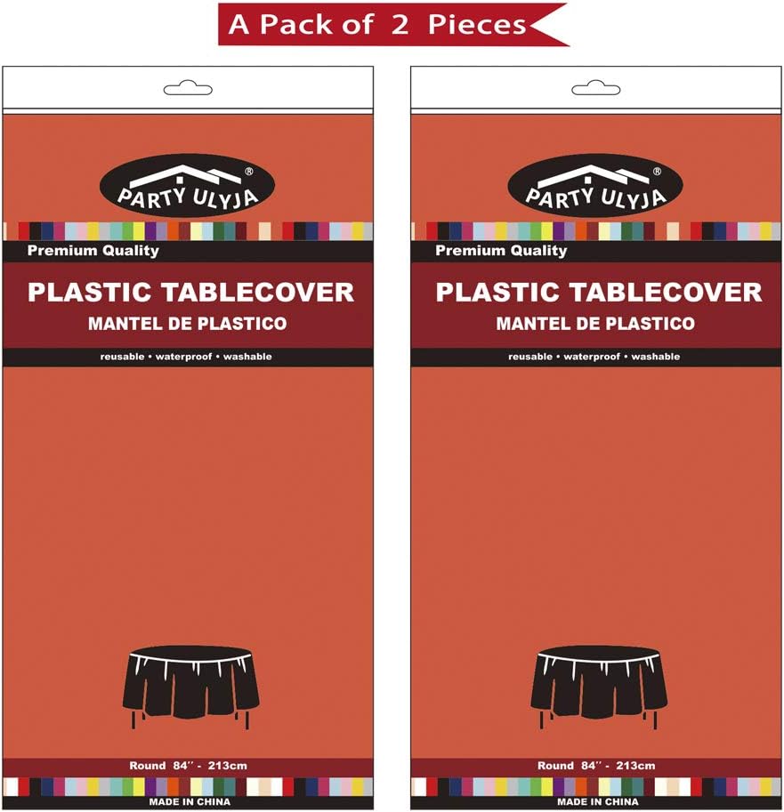 Orange Plastic Tablecloths 2 Pack Disposable Table Covers 84 Inch Circle Bridal Shower Party Tablecovers PEVA Fall Colors Table Cloths for BBQ Picnic Birthday Wedding Parties 6 ft Round Table Use