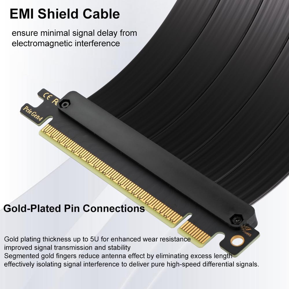 OwlTree Pcie 4.0 Riser Cable, PCIe 4.0 x16 High Speed Flexible Extension 90 Degree Adapter Compatible with 4090 4080 4070 3090 and Pcie 3.0 System 200mm/7.8inch