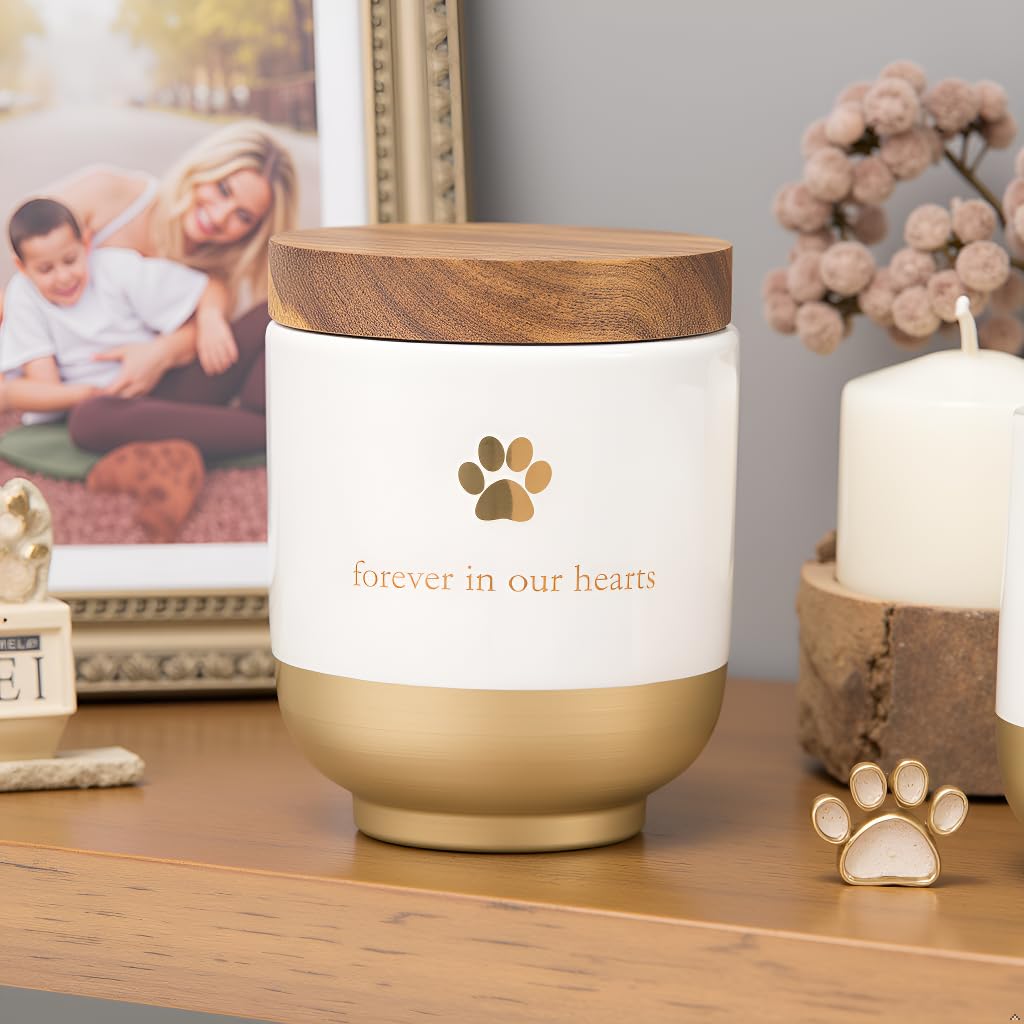 Pearhead Pet Ceramic Forever in Our Hearts Urn, Pet Memorial, Dog Or Cat Keepsake Urn, Rainbow Bridge, Gold