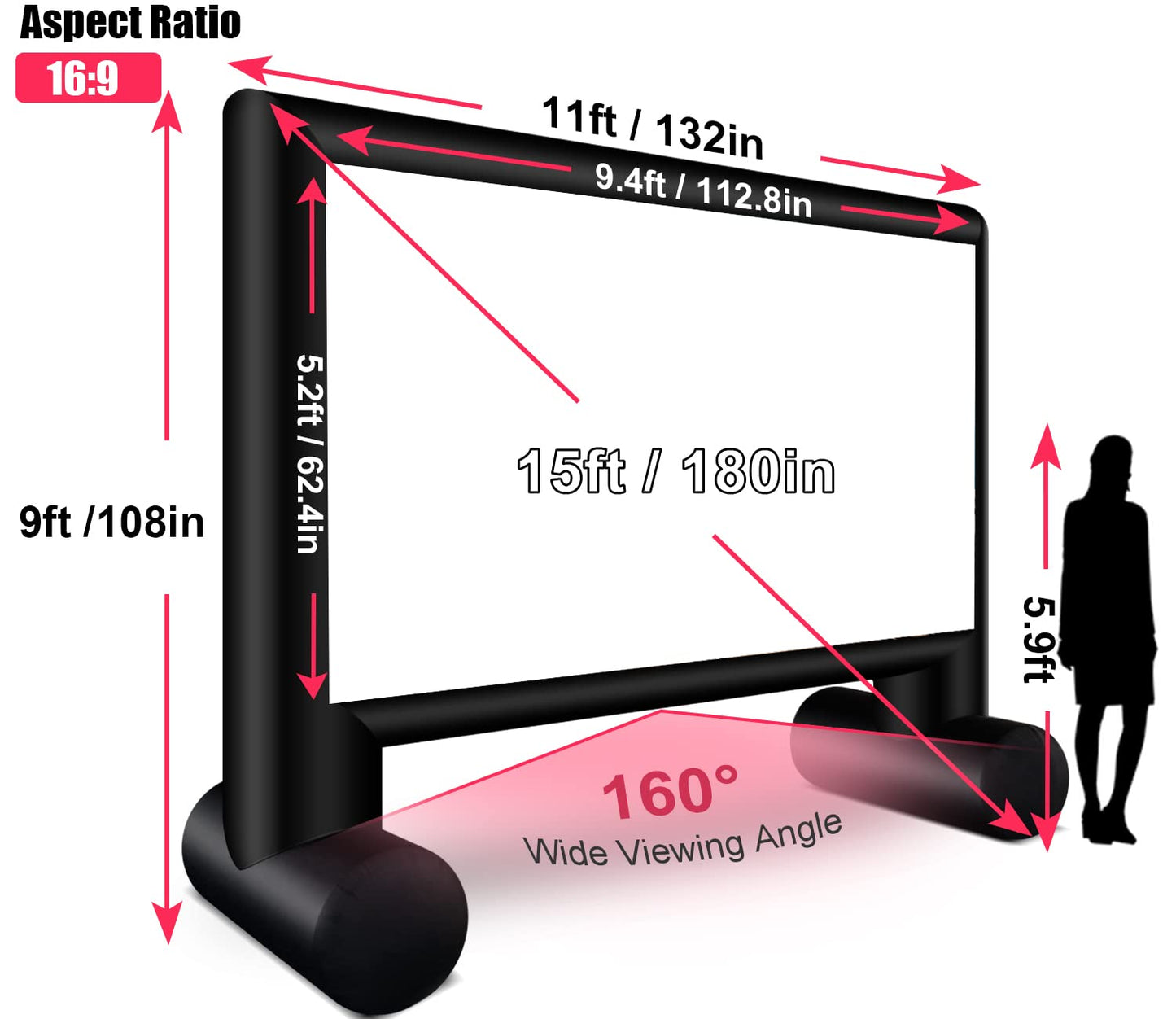 XHYCPY Aufblasbare Projektionsleinwand, 4,57 m (15 Fuß), inklusive Gebläse und Aufbewahrungstasche, einfacher Aufbau, Front- und Rückprojektion für Filmabende im Freien, perfekt für Garten und Pool