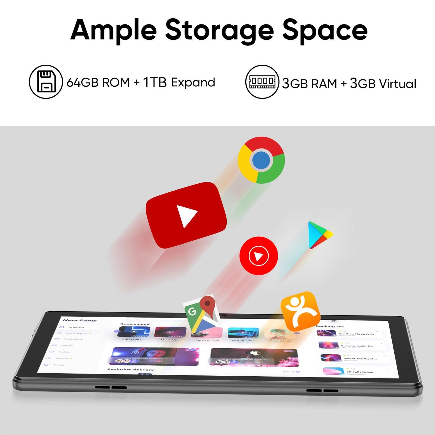 Tablet 10 inch Android 15 Tablets, 3GB RAM 64GB ROM 1TB Expand, Quad-Core Processor, 1280x800 LCD Touch Screen, WiFi 5, Dual Camera, BT5.0, 6000mAh Battery (Black)