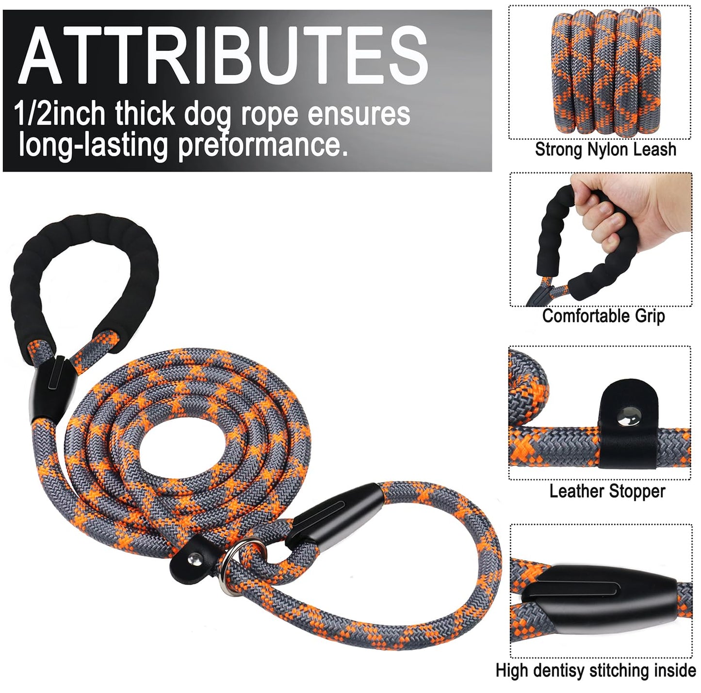 Hundeleine, 1,8 m lange, robuste Hundeleine, strapazierfähige Premium-Qualität, starke Seil-Schlupfleine mit komfortablem, gepolstertem Griff und hochreflektierenden Fäden für kleine, mittlere und große Hunde, (Schwarz) 