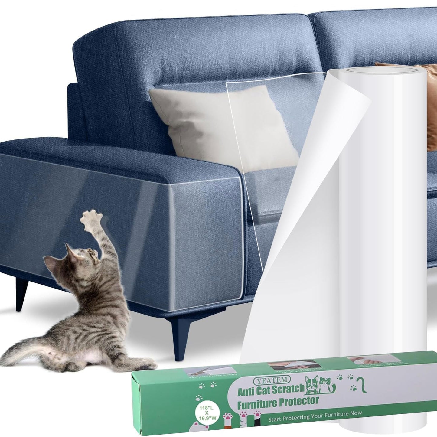 [Thicken Vinyl] Cat Scratch Furniture Protector, 162"x15" Couch Protector from Cat Claws, Single-Sided Sticky Anti Scratch Furniture Protector,Extended Size Protects More Furniture+50 Fixing