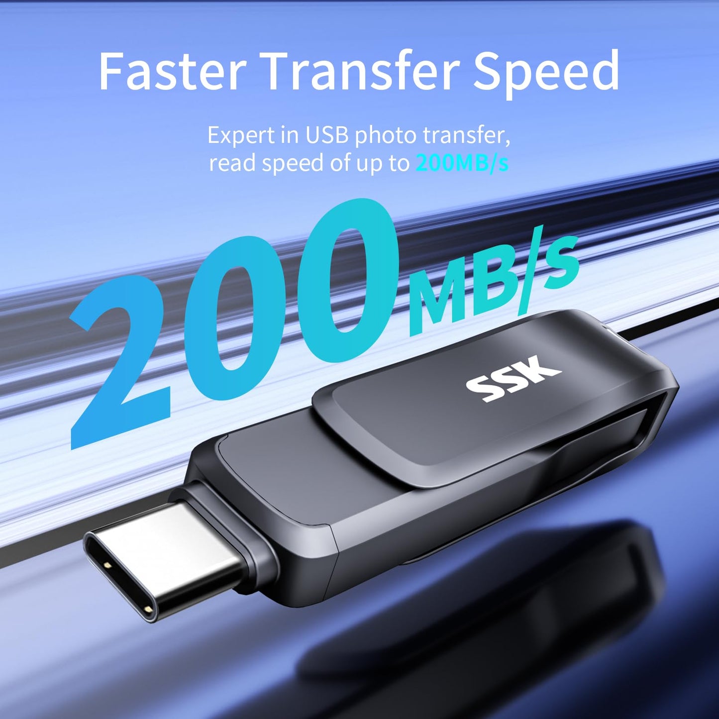 SSK USB 3.2 Flash Drive 64GB,Up to 200 MB/S Read Speed USB C Memory Stick,Dual USB C Thumb Drive with USB Type-C and USB A,Robust Black Metal Pen Drive for Smartphones,Tablets,Mac,Laptop,Car,TV